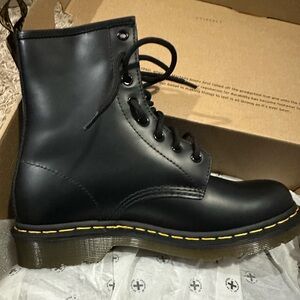 Dr. Martens Black Leather 8-Eye Lace-Up Boot with Yellow Stitching